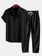 Linen-look short-sleeve button-up shirt and straight-leg linen trousers