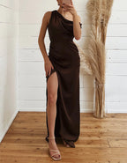 Dark Brown One-shoulder Design Maxi Dress
