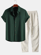 Linen-look short-sleeve button-up shirt and straight-leg linen trousers