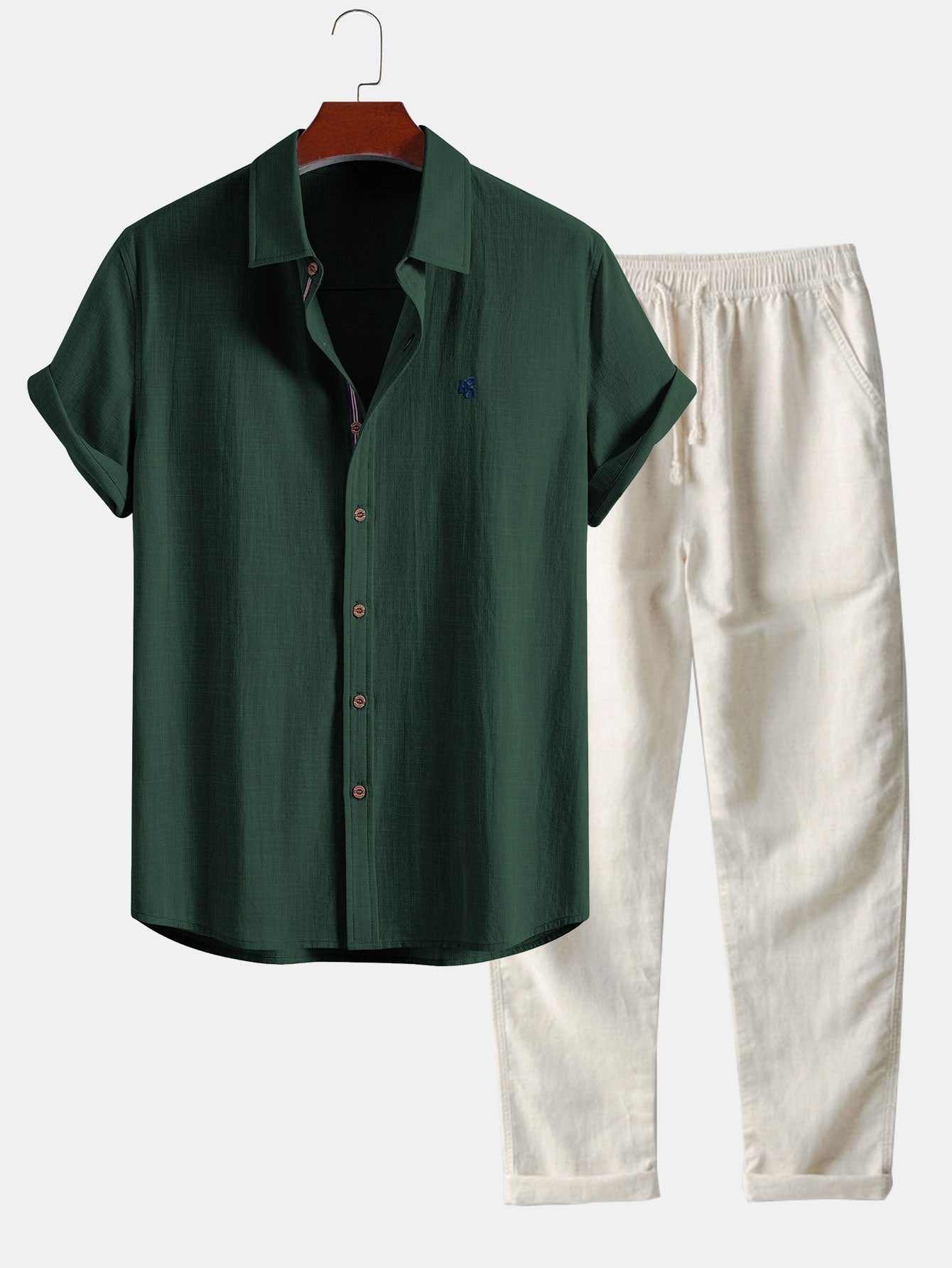 Camisa de manga corta con botones y efecto lino, y pantalones rectos de lino