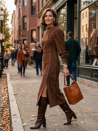 Vestido midi de ante vintage con botonadura asimétrica y mangas globo