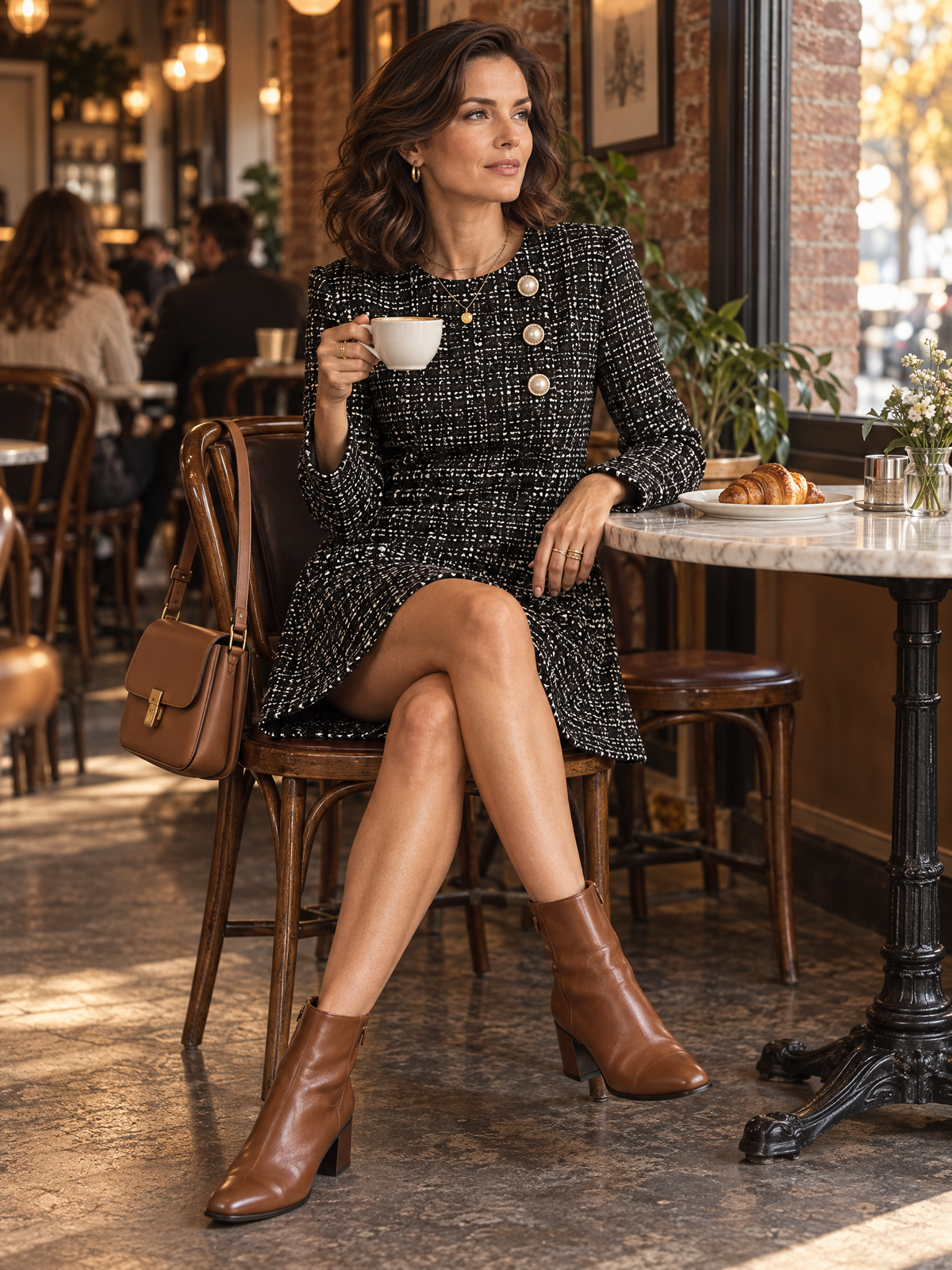 Vestido corto de tweed evasé con botones de perla