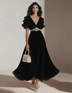 Chiffon Solid Color Lotus Leaf Sleeves Midi Dress
