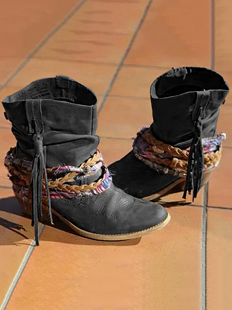 Botines Western Vintage con Flecos Tribales y Tacón Alto