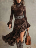 Vestido Midi de Terciopelo con Cuello Alto y Manga Campana