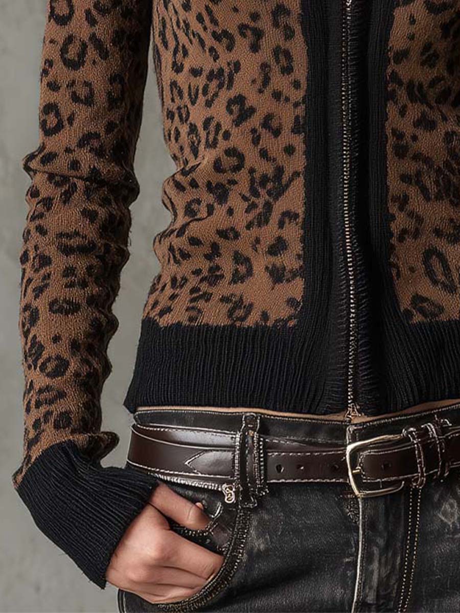 Vintage Leopard Print Slim Fit Zip-Up Cardigan