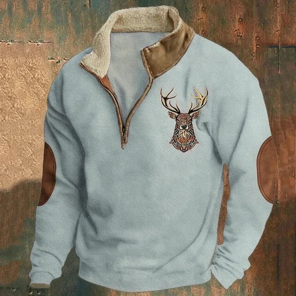 Pull zippé doublé à motif cerf