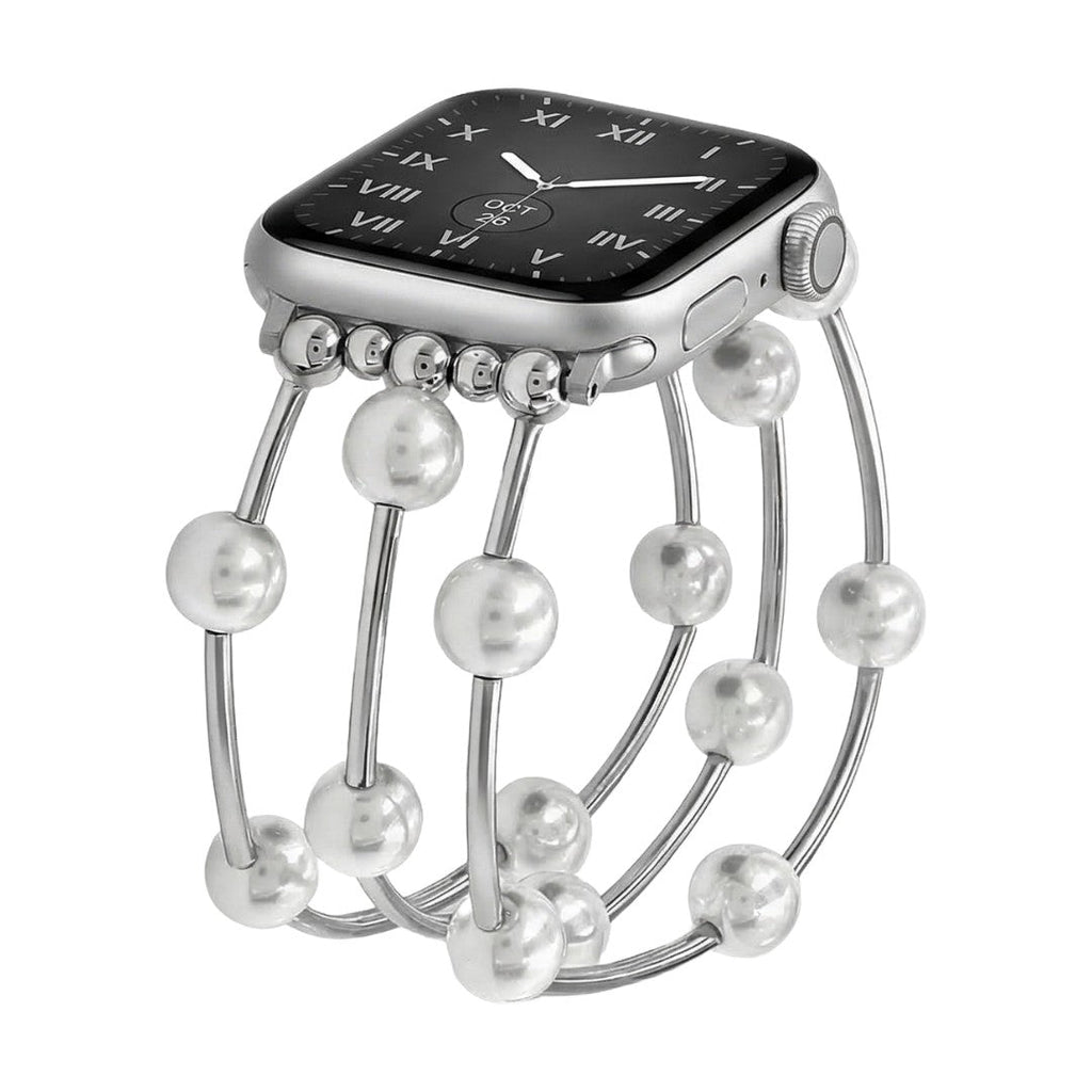 Correa Apple Watch para mujer, perlas blancas, aleación dorada o plateada, elástica, joya elegante, modelo Yourie