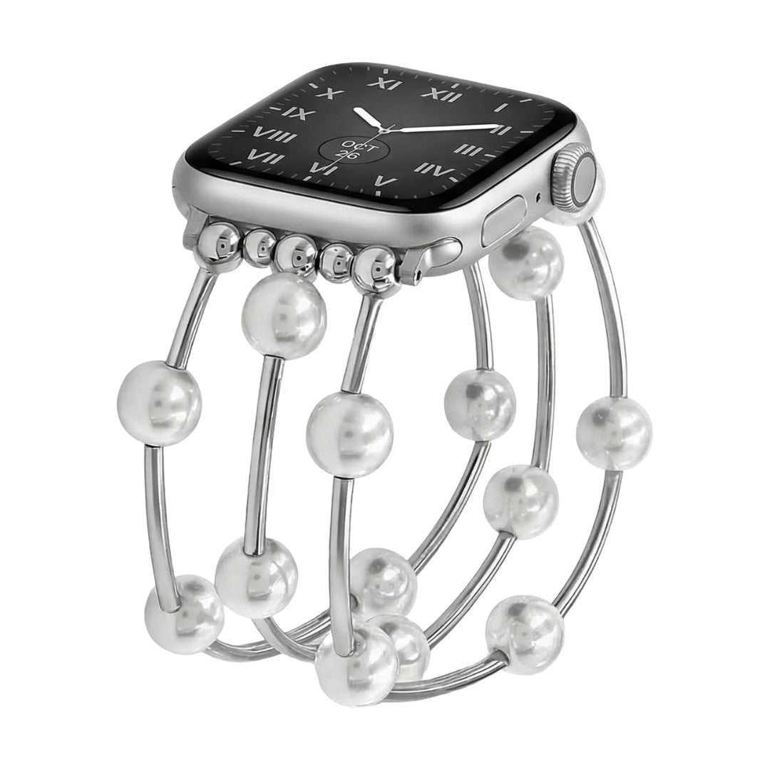 Correa Apple Watch para mujer, perlas blancas, aleación dorada o plateada, elástica, joya elegante, modelo Yourie
