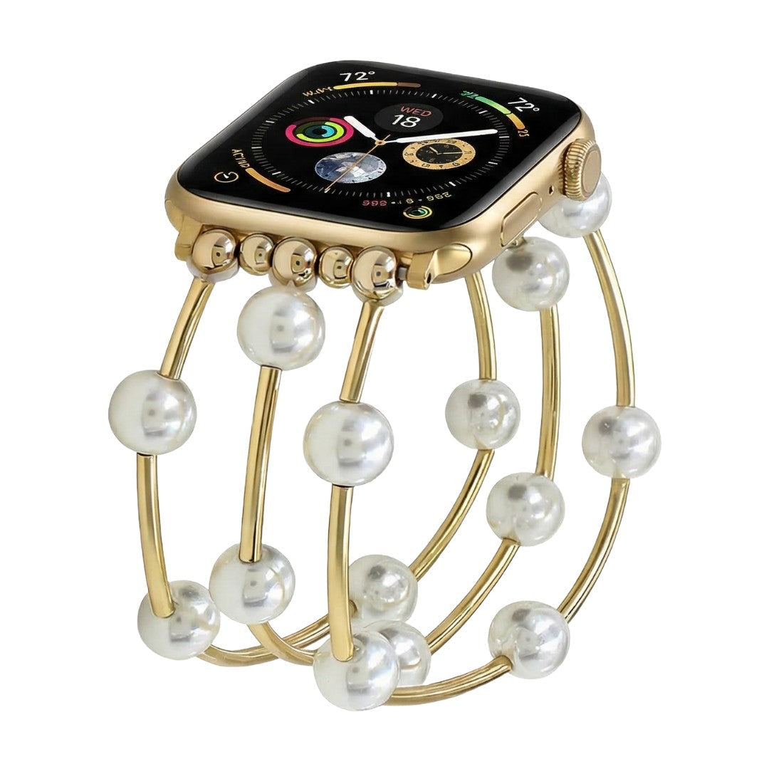 Correa Apple Watch para mujer, perlas blancas, aleación dorada o plateada, elástica, joya elegante, modelo Yourie