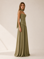 Vestido Largo Palabra de Honor Drapeado de Satén