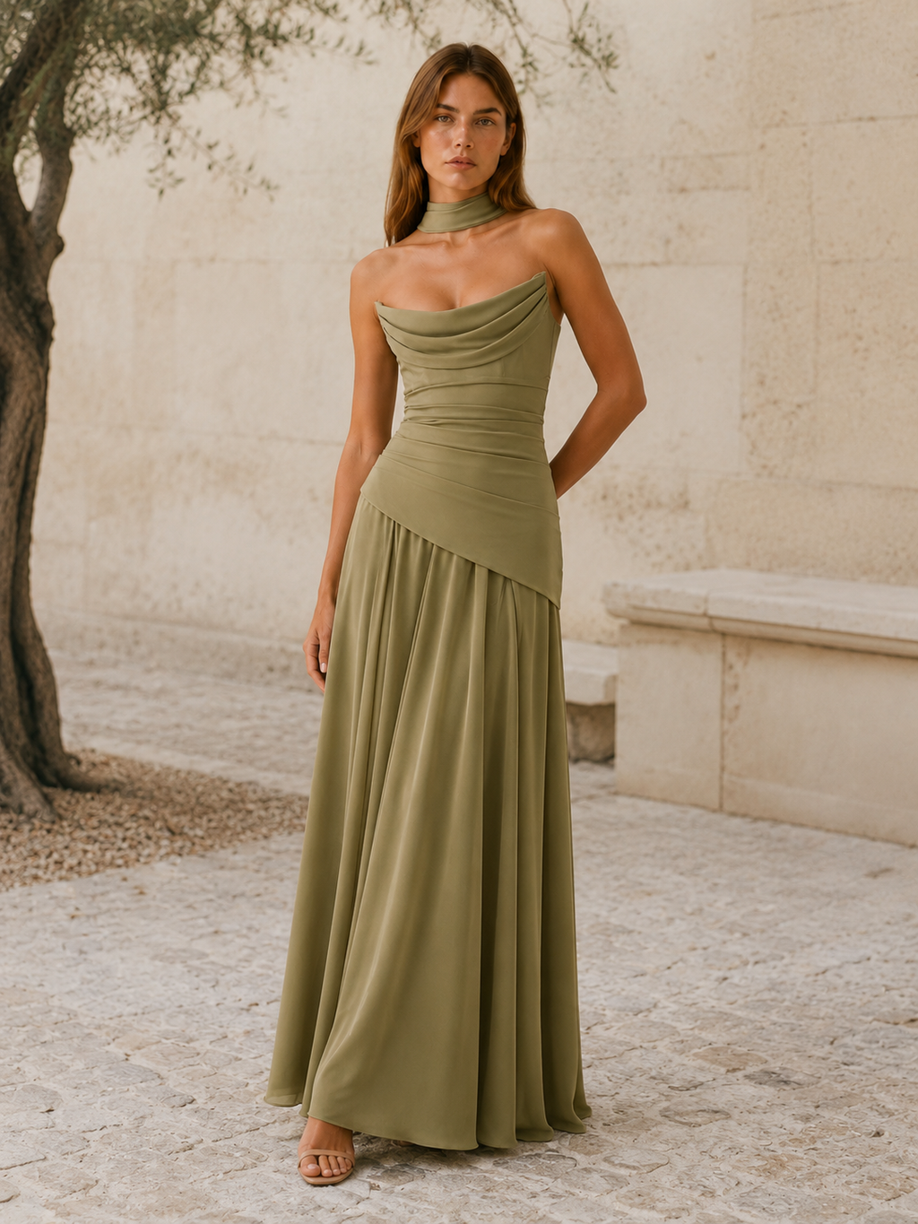 Vestido Largo Palabra de Honor Drapeado de Satén