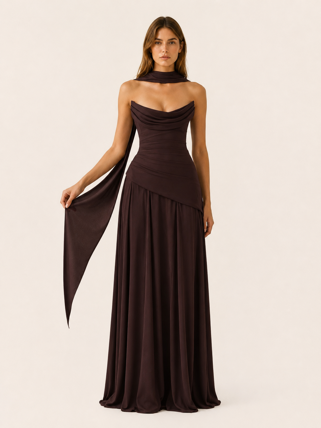 Vestido Largo Palabra de Honor Drapeado de Satén