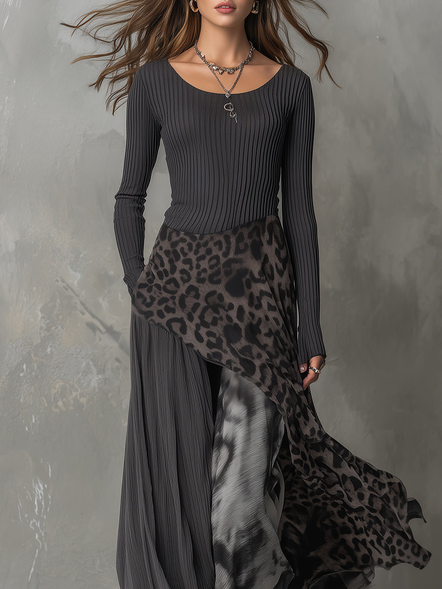 Boho Leopard Print Asymmetrical Hem Maxi Dress