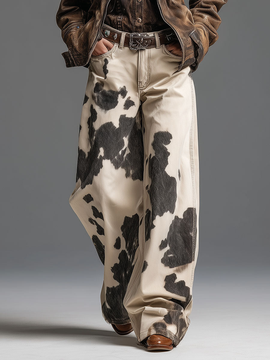 Pantalón Ancho Retro Western con Estampado de Vaca