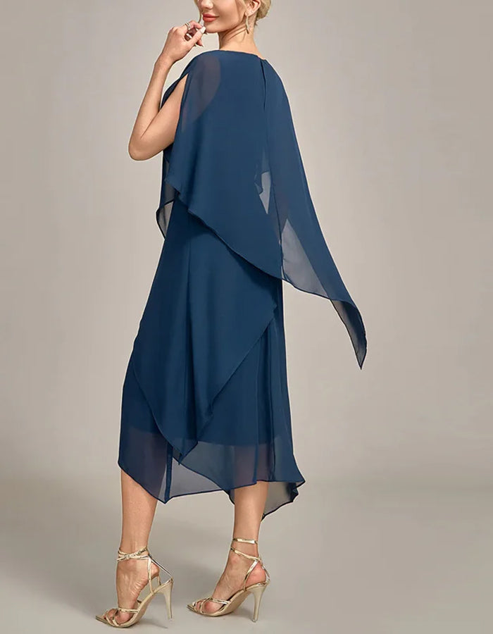 Dark Blue Round Neck Chiffon Midi Dress