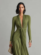 Olive Green Long Dress in Stretch Silk with Deep V-Neck and Ruffled Details, Glamour Maxi Dress