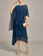 Dark Blue Round Neck Chiffon Midi Dress