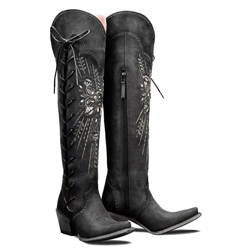 Botas Western Vintage con Bordado y Cordones