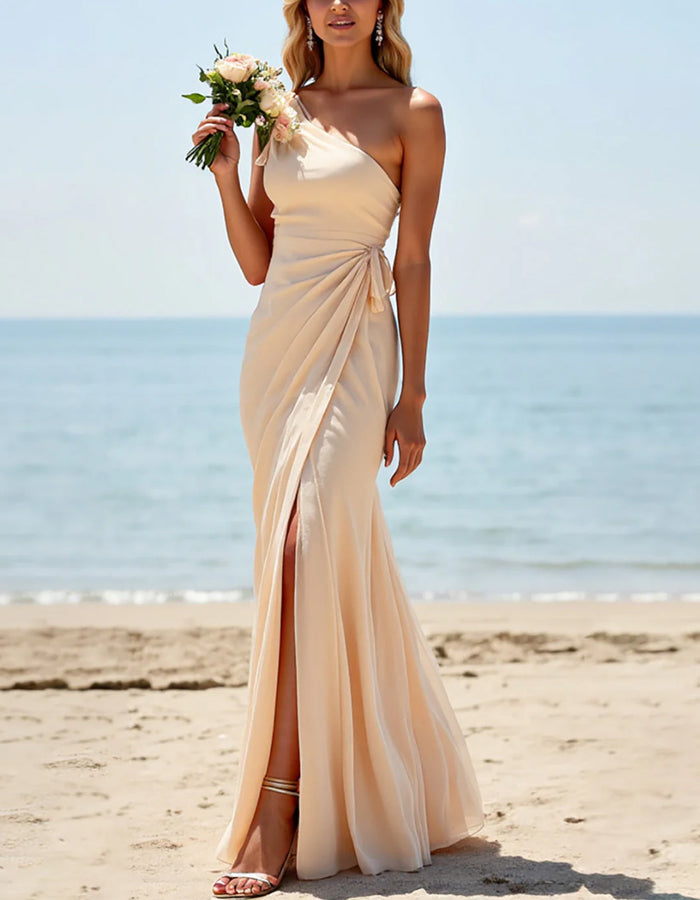 Apricot Fitted One Shoulder Long Pleated Slit Bridesmaid Dress