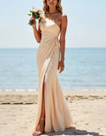 Apricot Fitted One Shoulder Long Pleated Slit Bridesmaid Dress