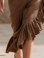 Falda Western Vintage de Pana Marrón con Volantes en Sesgo