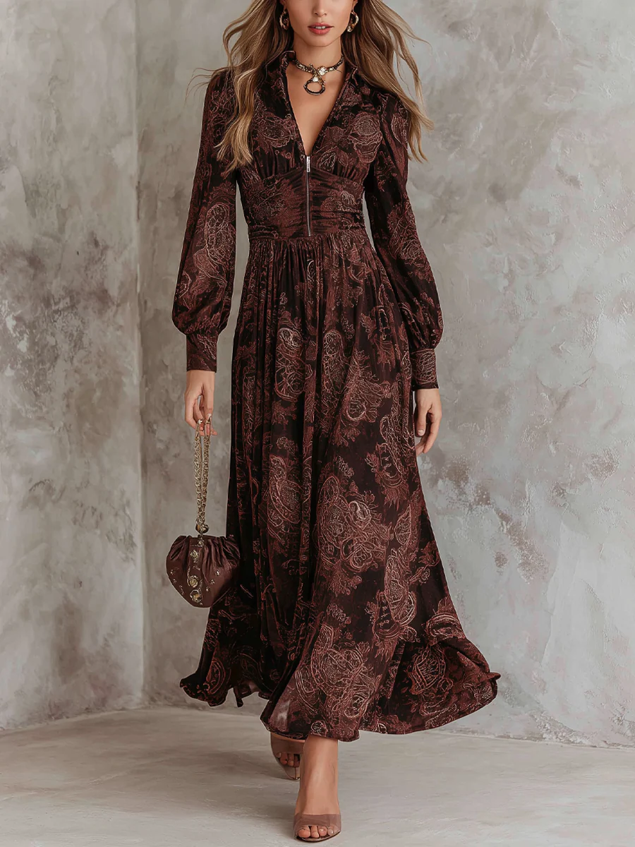 Vestido Maxi Marrón con Estampado Paisley y Cintura con Cremallera
