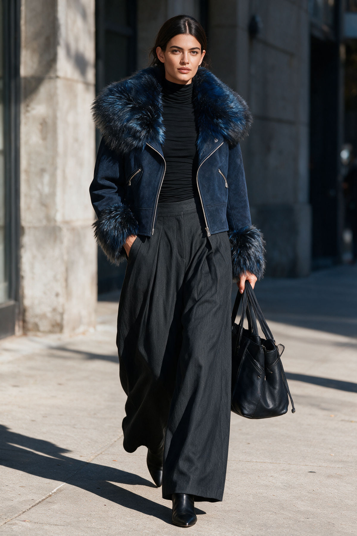 Chaqueta corta de antelina con ribete de pelo