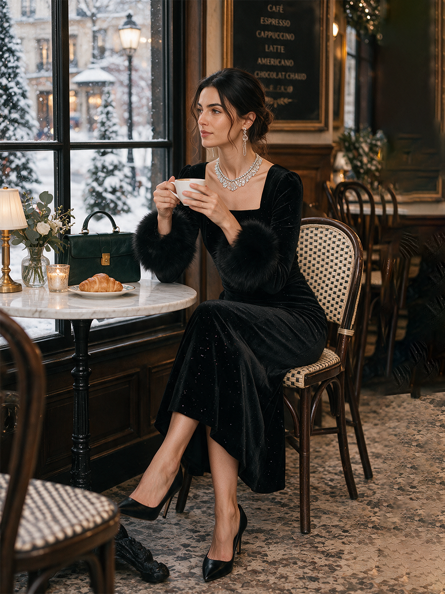 Vestido largo sirena de terciopelo con escote cuadrado y puños de pelo