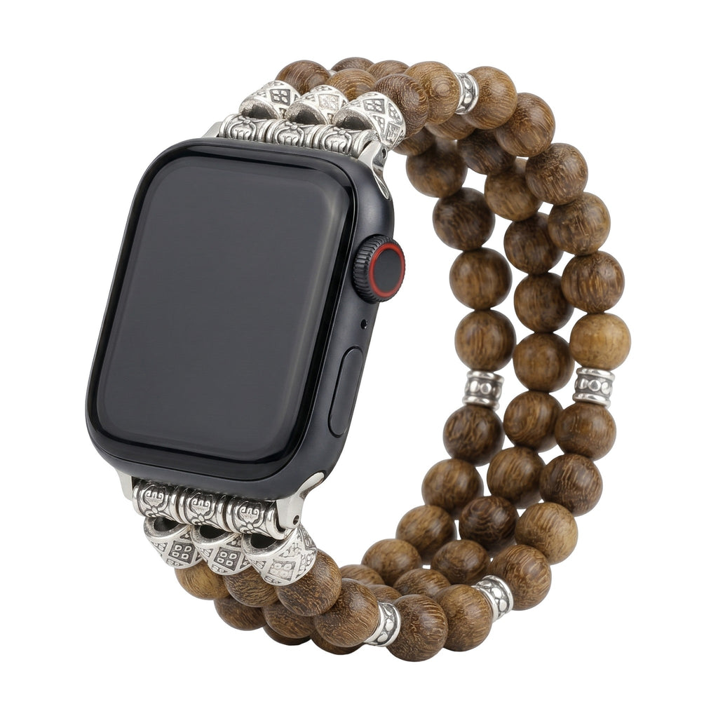 Correa Apple Watch de cuentas de madera, conectores plateados grabados, estilo étnico chic, elástica, modelo Woody