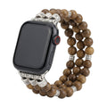 Correa Apple Watch de cuentas de madera, conectores plateados grabados, estilo étnico chic, elástica, modelo Woody