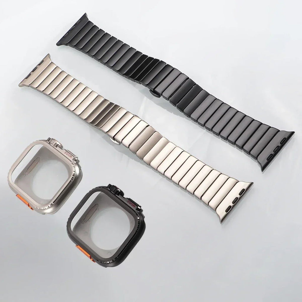 Correa de acero inoxidable con carcasa integral para Apple Watch, cierre mariposa seguro, estilo deportivo moderno, modelo Zedix