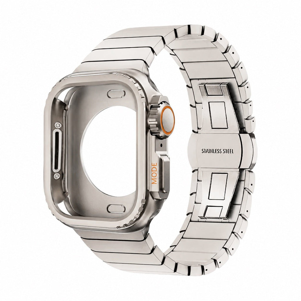 Correa de acero inoxidable con carcasa integral para Apple Watch, cierre mariposa seguro, estilo deportivo moderno, modelo Zedix