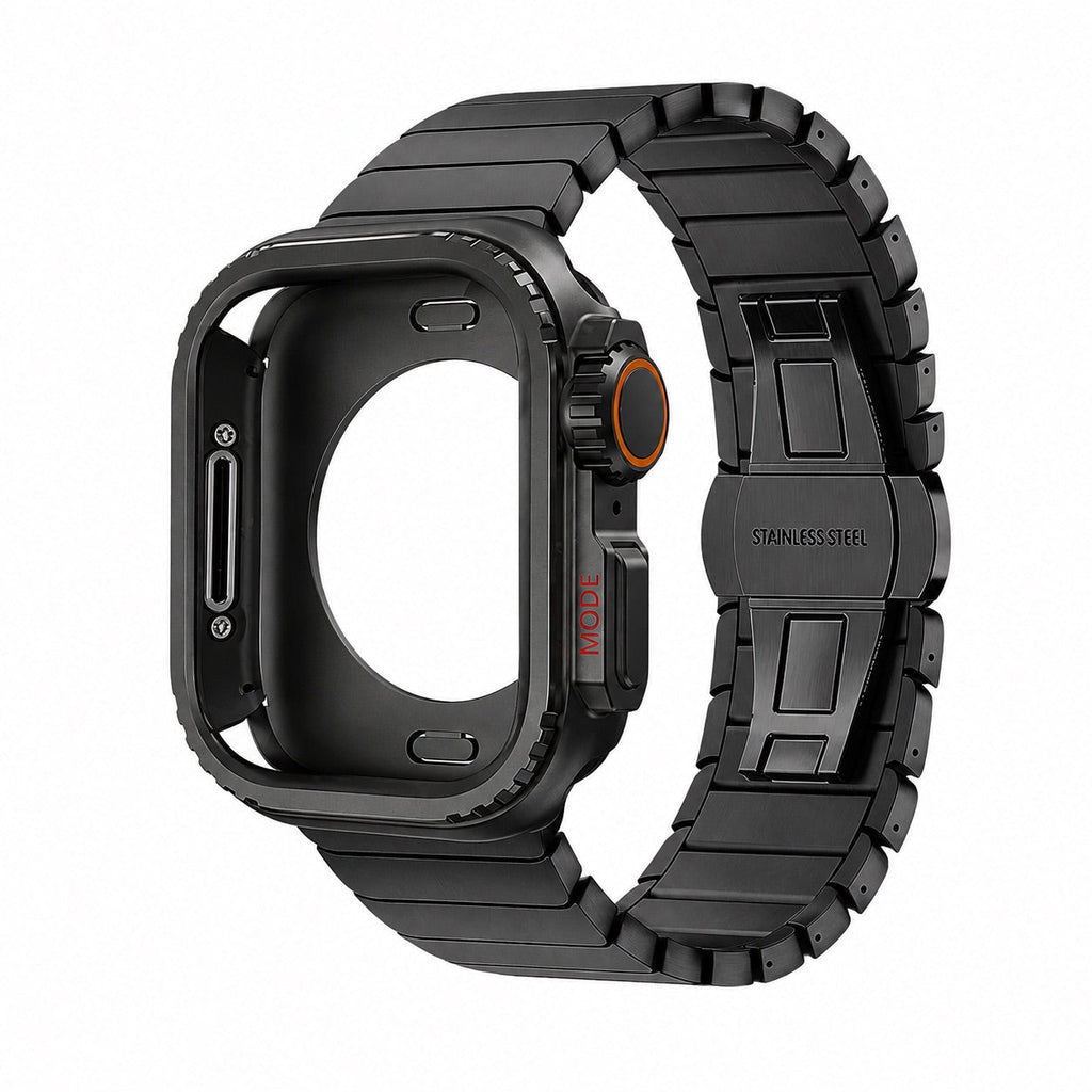 Correa de acero inoxidable con carcasa integral para Apple Watch, cierre mariposa seguro, estilo deportivo moderno, modelo Zedix