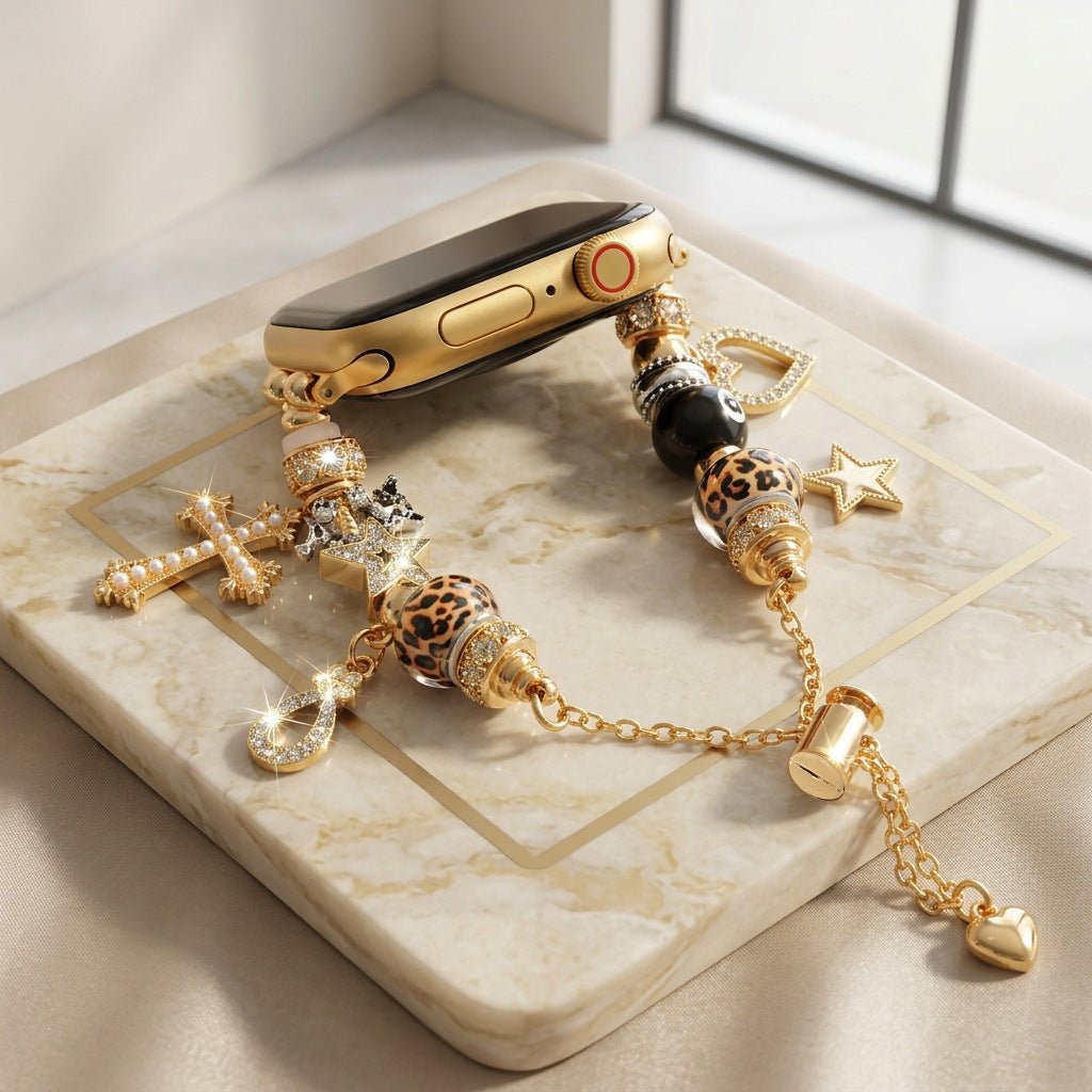 Pulsera con dijes dorados para Apple Watch, cruz adornada con perlas, estrellas brillantes, cuentas de leopardo, bola de billar, cierre corredizo ajustable, modelo Junia