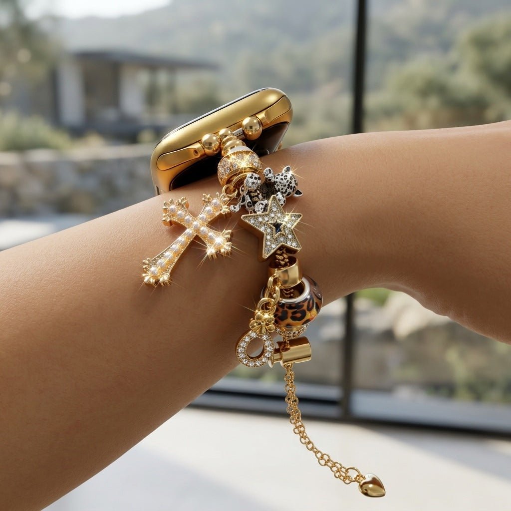Pulsera con dijes dorados para Apple Watch, cruz adornada con perlas, estrellas brillantes, cuentas de leopardo, bola de billar, cierre corredizo ajustable, modelo Junia