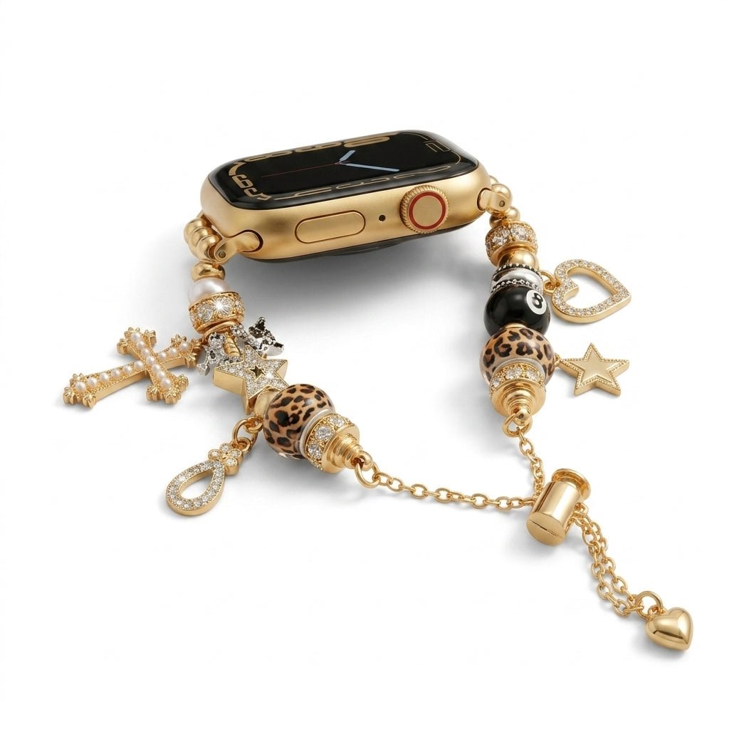 Pulsera con dijes dorados para Apple Watch, cruz adornada con perlas, estrellas brillantes, cuentas de leopardo, bola de billar, cierre corredizo ajustable, modelo Junia