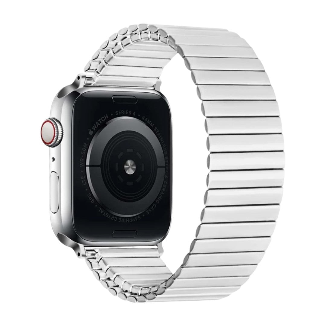 Correa Apple Watch de eslabones elásticos de acero inoxidable, diseño extensible, cómoda y sin cierre, modelo Tydia