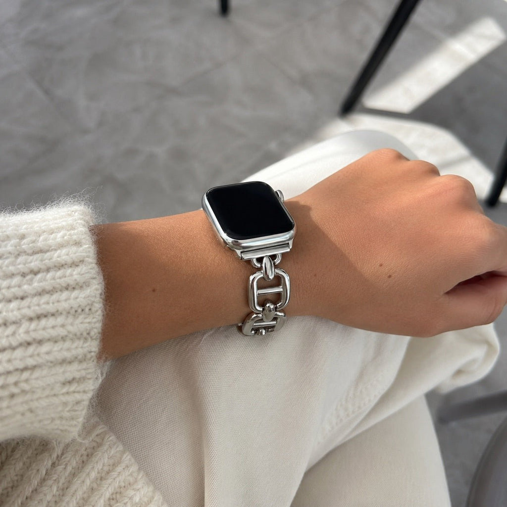 Pulsera de eslabones de acero inoxidable para Apple Watch, longitud ajustable sin herramientas, aspecto chic y luminoso, modelo Zurika