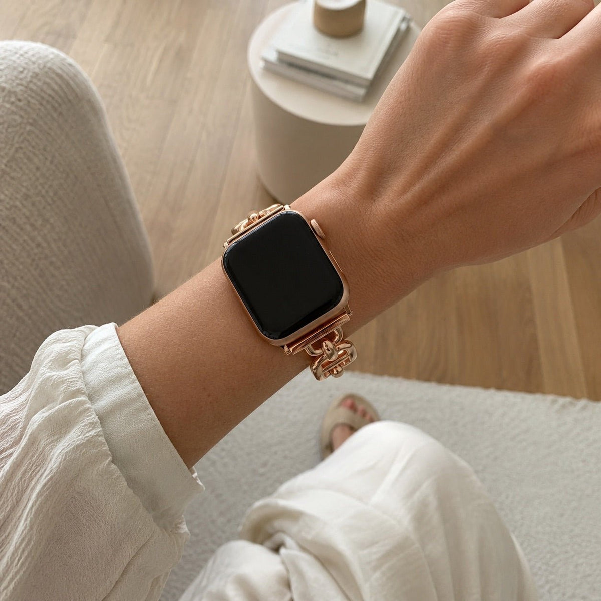 Pulsera de eslabones de acero inoxidable para Apple Watch, longitud ajustable sin herramientas, aspecto chic y luminoso, modelo Zurika