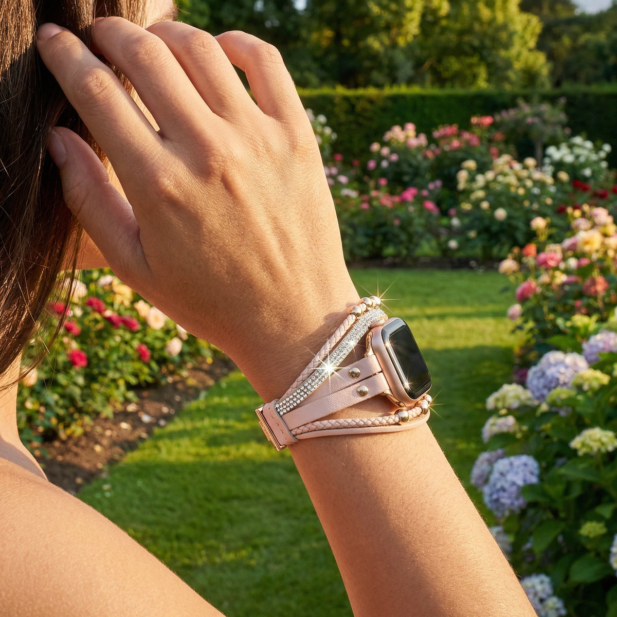 Correa Apple Watch multi-hilos, con strass y trenzado, para mujer, modelo Melona