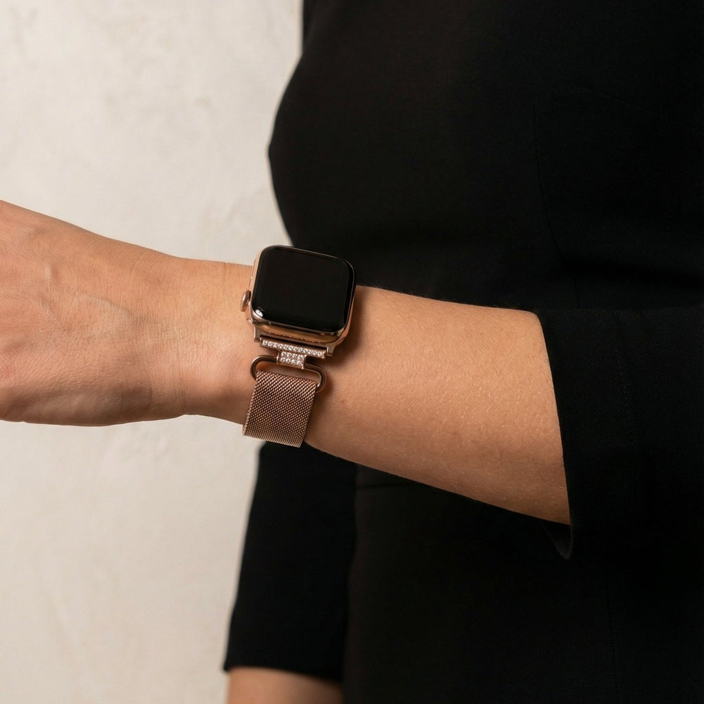 Correa Apple Watch de acero inoxidable, malla milanesa magnética, compatible con Apple Watch de 38 a 49 mm, acabado elegante con detalles de circonitas, modelo Élancia