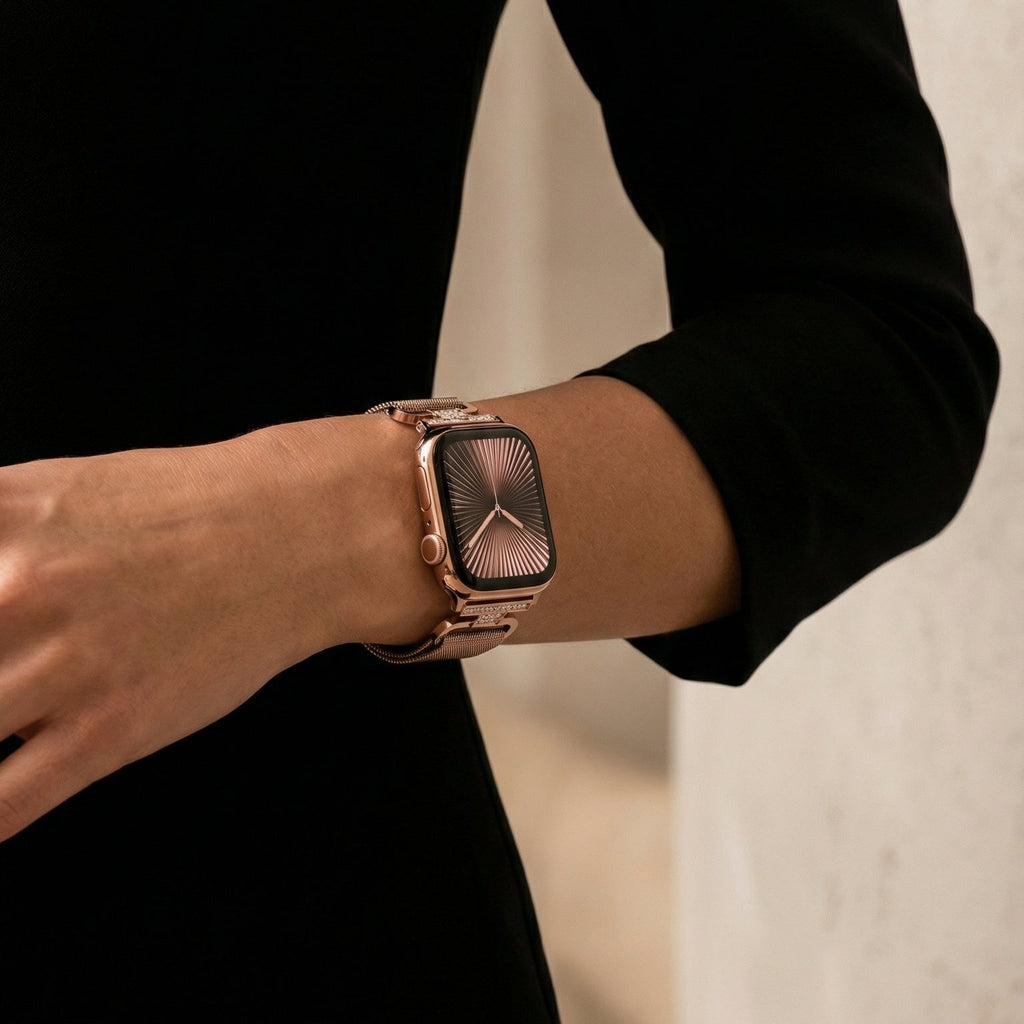 Correa Apple Watch de acero inoxidable, malla milanesa magnética, compatible con Apple Watch de 38 a 49 mm, acabado elegante con detalles de circonitas, modelo Élancia