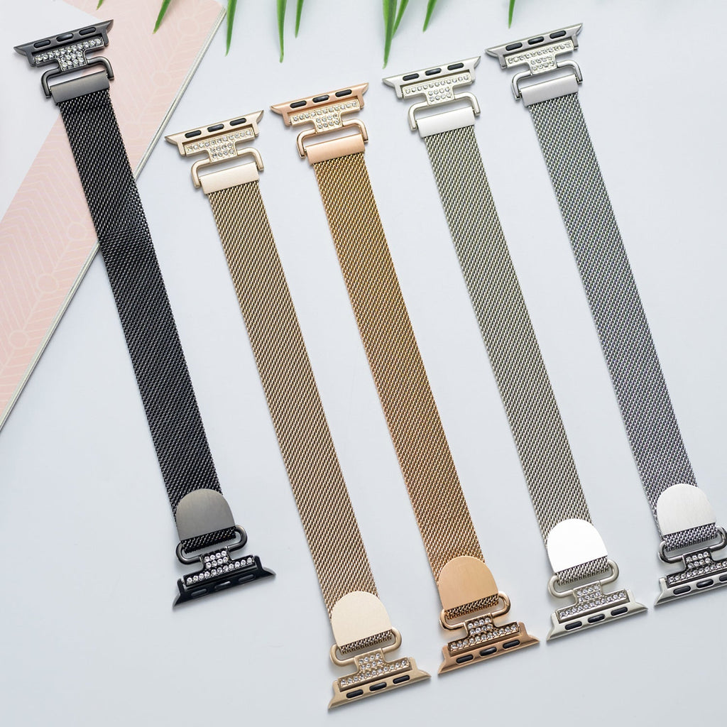 Correa Apple Watch de acero inoxidable, malla milanesa magnética, compatible con Apple Watch de 38 a 49 mm, acabado elegante con detalles de circonitas, modelo Élancia