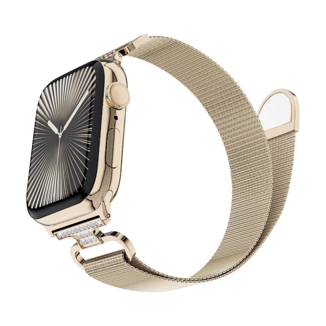 Correa Apple Watch de acero inoxidable, malla milanesa magnética, compatible con Apple Watch de 38 a 49 mm, acabado elegante con detalles de circonitas, modelo Élancia