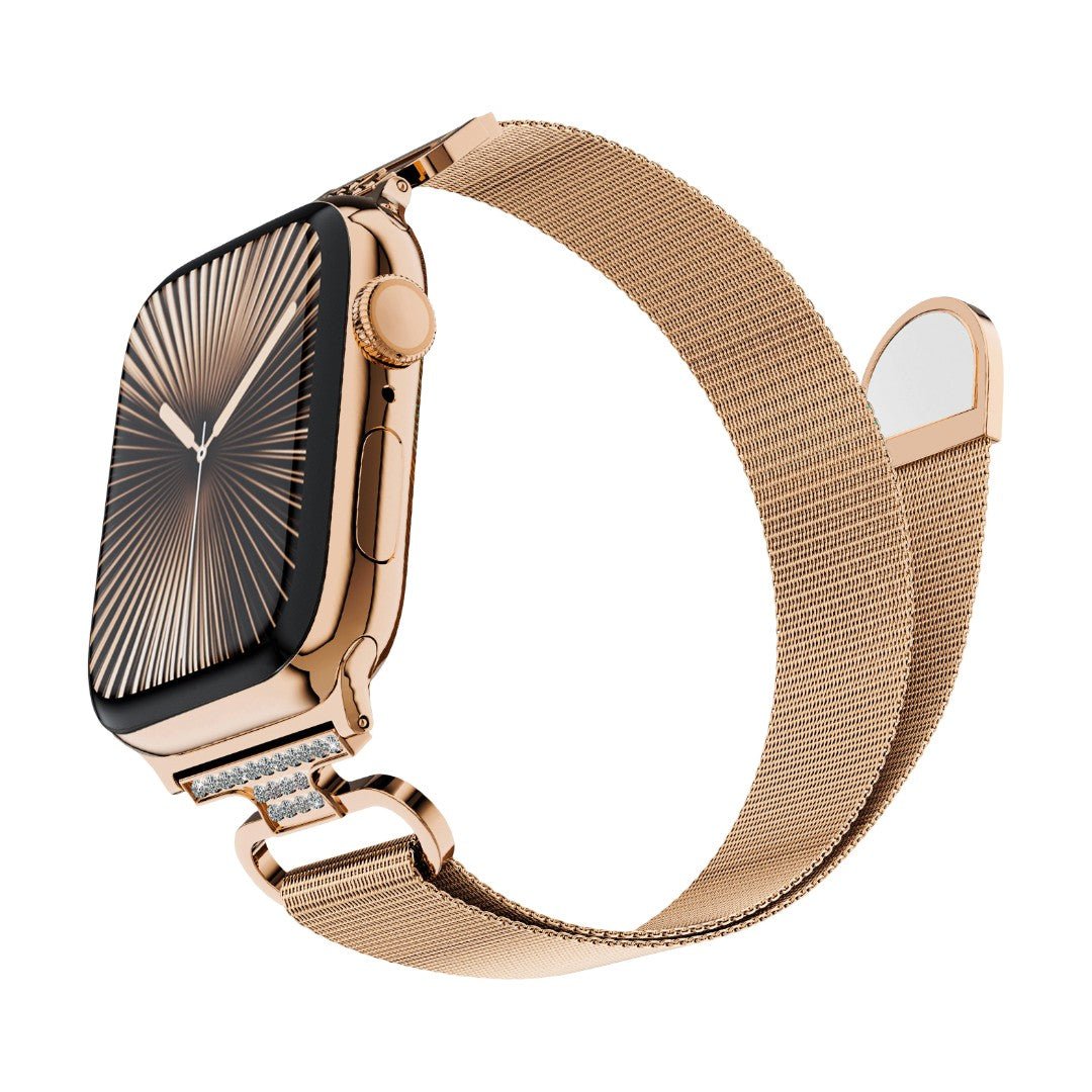 Correa Apple Watch de acero inoxidable, malla milanesa magnética, compatible con Apple Watch de 38 a 49 mm, acabado elegante con detalles de circonitas, modelo Élancia