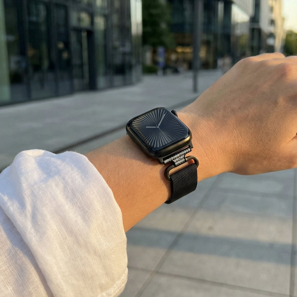 Correa Apple Watch de acero inoxidable, malla milanesa magnética, compatible con Apple Watch de 38 a 49 mm, acabado elegante con detalles de circonitas, modelo Élancia