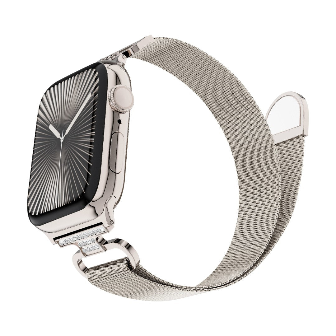 Correa Apple Watch de acero inoxidable, malla milanesa magnética, compatible con Apple Watch de 38 a 49 mm, acabado elegante con detalles de circonitas, modelo Élancia