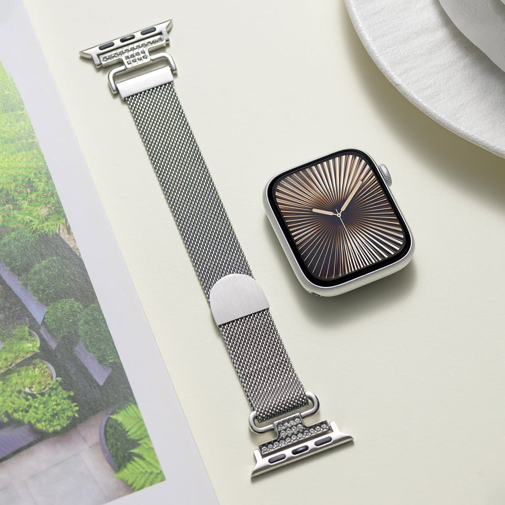 Correa Apple Watch de acero inoxidable, malla milanesa magnética, compatible con Apple Watch de 38 a 49 mm, acabado elegante con detalles de circonitas, modelo Élancia