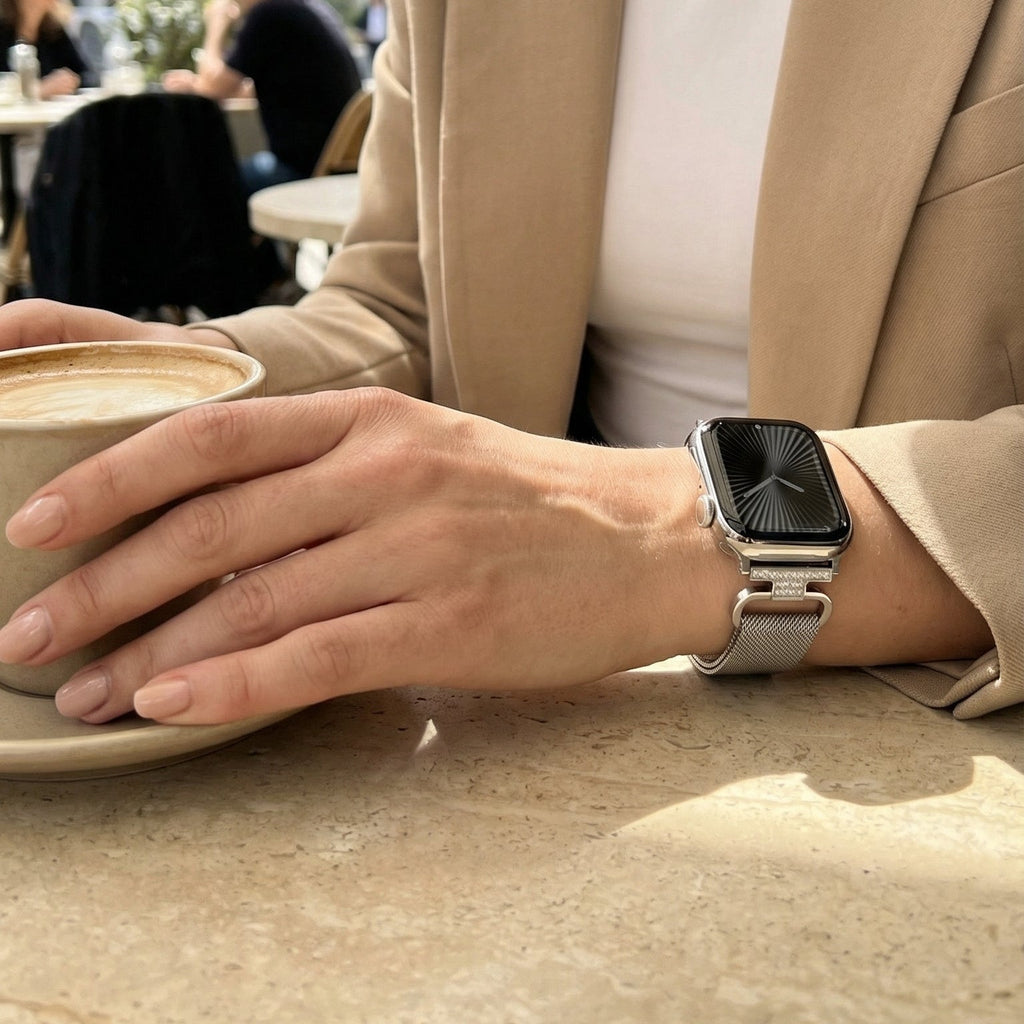 Correa Apple Watch de acero inoxidable, malla milanesa magnética, compatible con Apple Watch de 38 a 49 mm, acabado elegante con detalles de circonitas, modelo Élancia